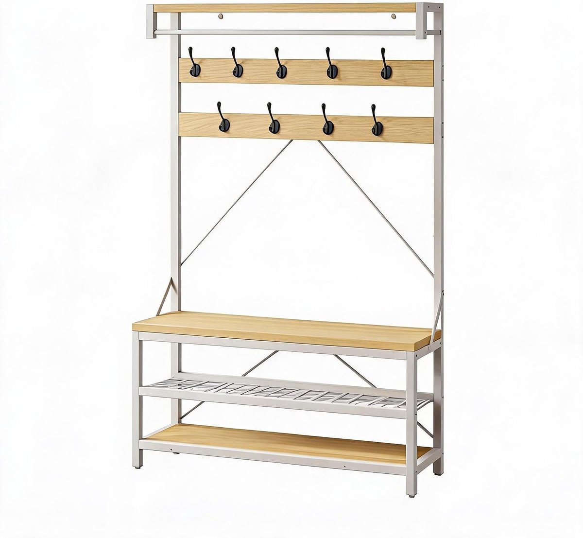 Kapstok met schoenenbank voor de hal, vrijstaande kapstok – 8 haken, kledingstang, 2 planken, grote schoenenopbergruimte, hoogte 183 cm, wit