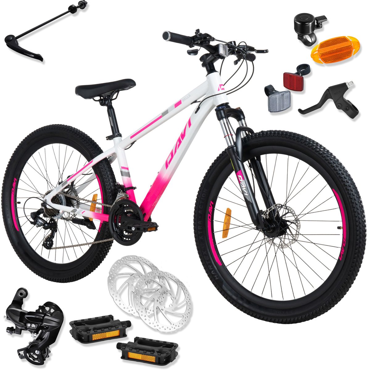 Davi Bella – Mountainbike – 26 inch – 21 versnellingen – Aluminium frame – Schijfremmen – Voorvork met vering – Shimano – Roze/Wit