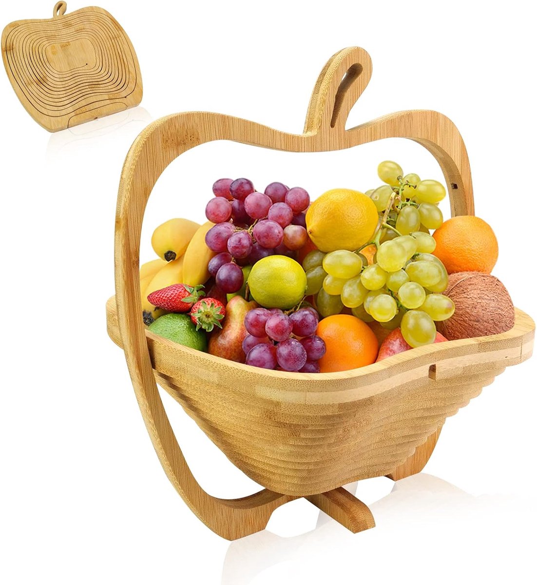 1 Opvouwbare houten mand (2-in-1) - 14× 26 ×30 cm - Appelpatroon - Geschikt voor fruit - Kan gebruikt worden als warmte-isolerende mat - Ideaal voor fruit, groenten en gedroogd fruit - Perfect voor de feestdagen en Kerstmis - Houtkleur