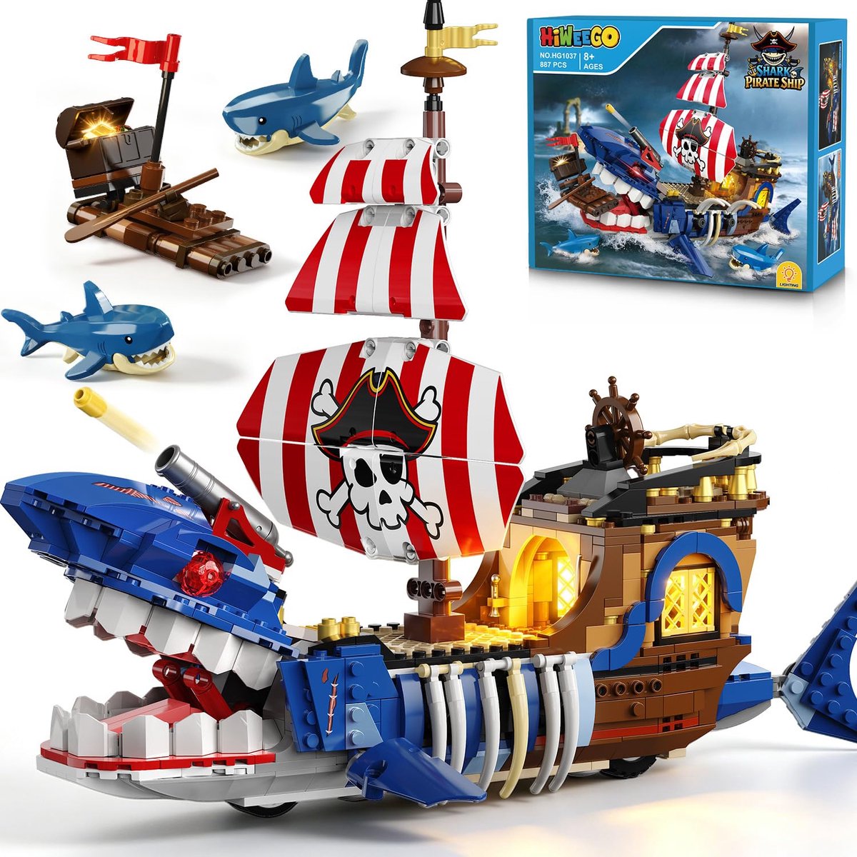 HiWEEGO Techniek Haaien Piratenschip Bouwsets met LED Licht – 887 Delen, Beweegbare Haaienbek, Interactief Bouw Speelgoed voor Kinderen 8–12+ Jaar