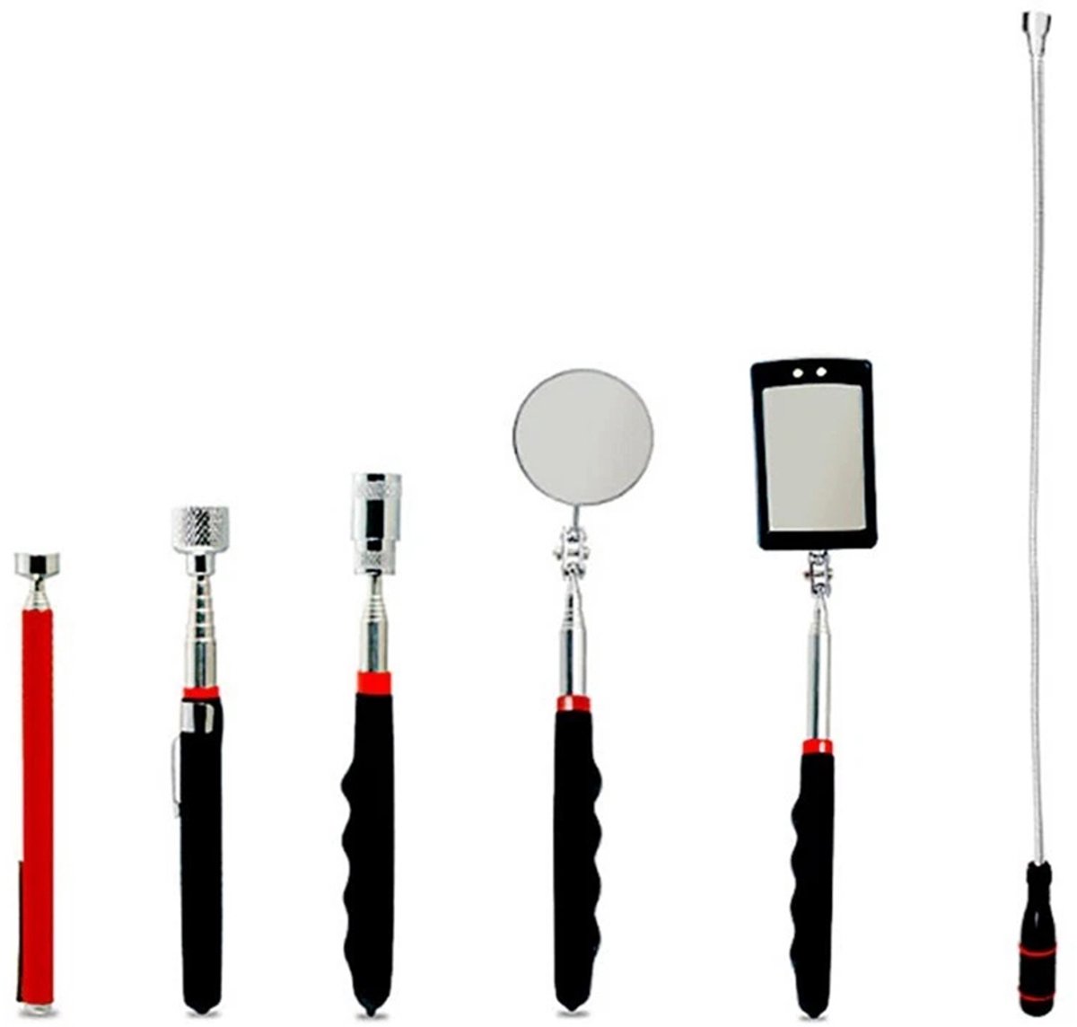 6-delige set met magnetische telescoop en inspectielamp - Inclusief diverse magnetische grijpers en spiegels - Telescopische LED-inspectiespiegel - Magnetische hefboom - Schatzoekset