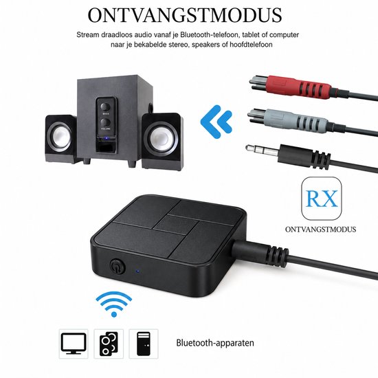 Bluetooth Transmitter Receiver 2-in-1 - Draadloze Audio Zender en Ontvanger - 3.5MM AUX / RCA - BT 5.0 - Zwart — afbeelding 3