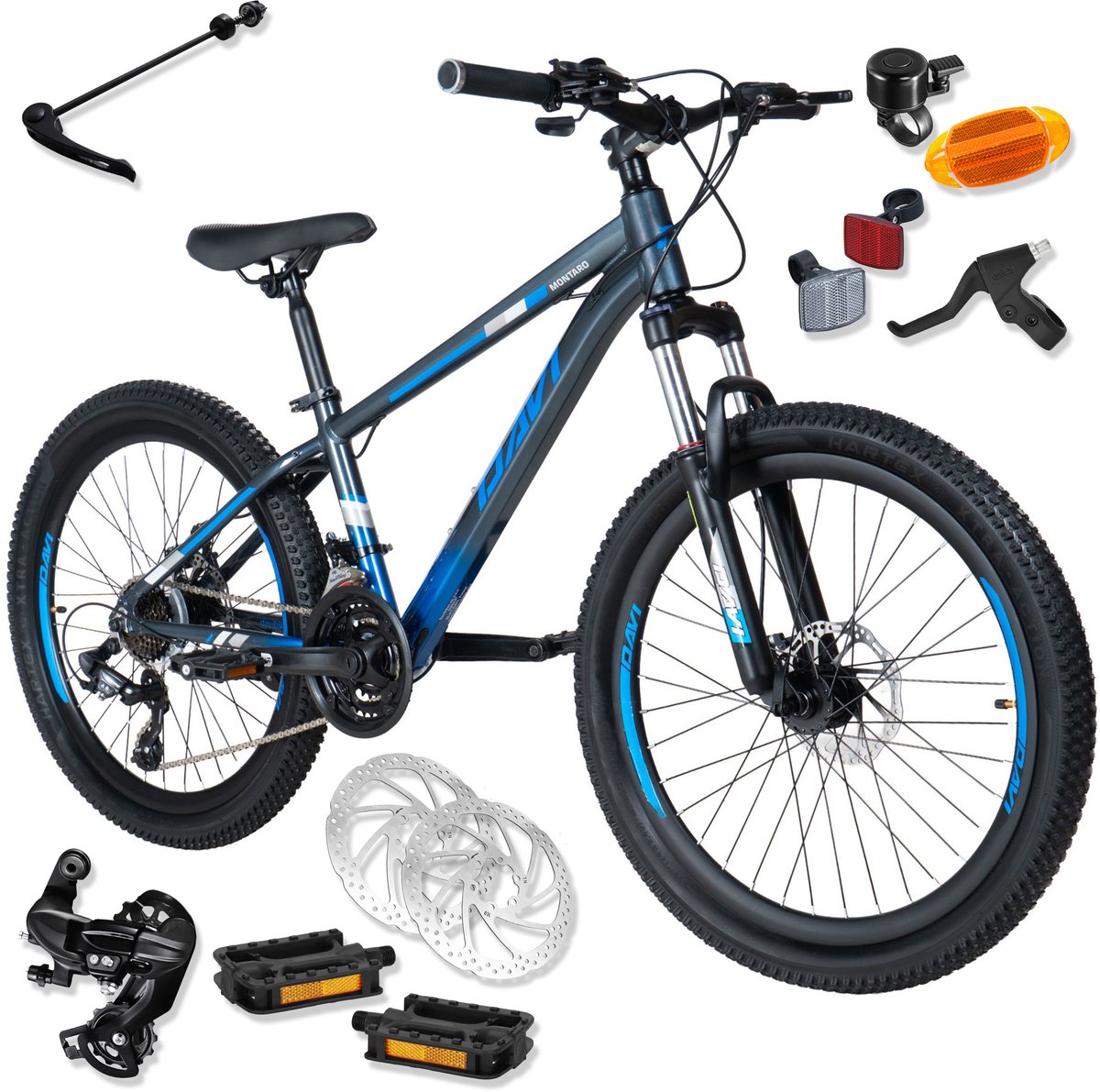 Davi Montaro – Kinderfiets – 24 inch – 21 versnellingen – Shimano – Schijfremmen – 130-160 cm – Grijs/Blauw – Jongen