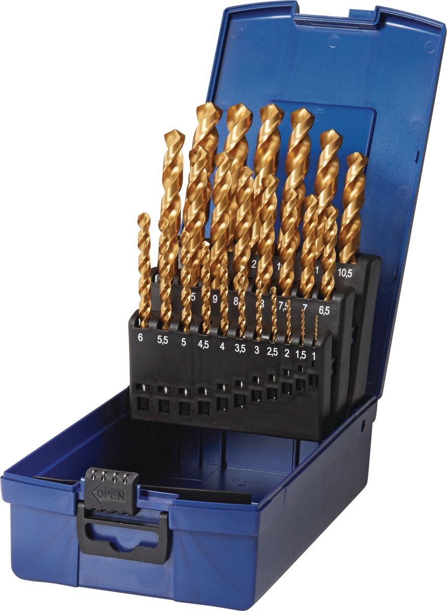 Spiraalboorset DIN 338 Type UNI D.1-13x0,5mm HSS-Co TiN 25-dlg.Kunststof cassette TECWERK