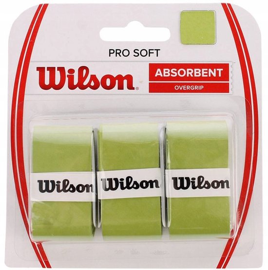 Verpakking met 3 limegroene Wilson Pro Soft overgrips. Elke grip heeft een wit Wilson logo.