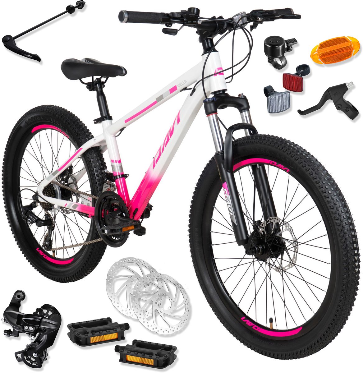 Davi Bella – Kinderfiets – 24 inch – 21 versnellingen – Shimano – Schijfremmen – 130-160 cm – Roze/Wit – Meisje