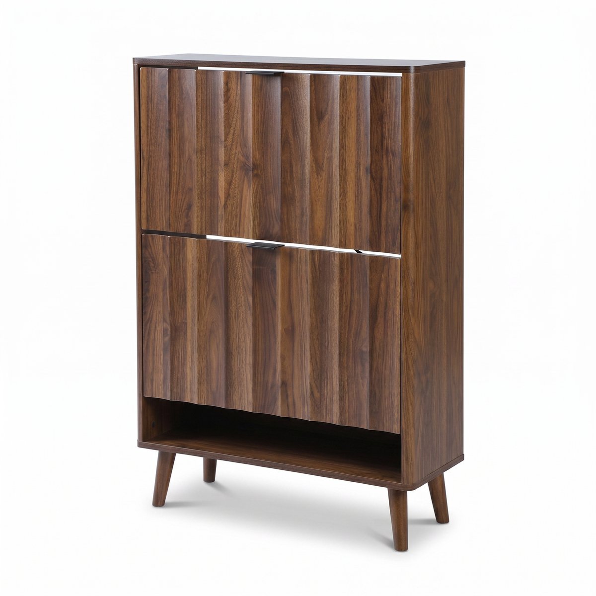 SensaHome Japandi Schoenenkast – 2 Klepdeuren en Open Vak Onderaan – Hal Opbergkast – 80x24x92 cm – Walnoot