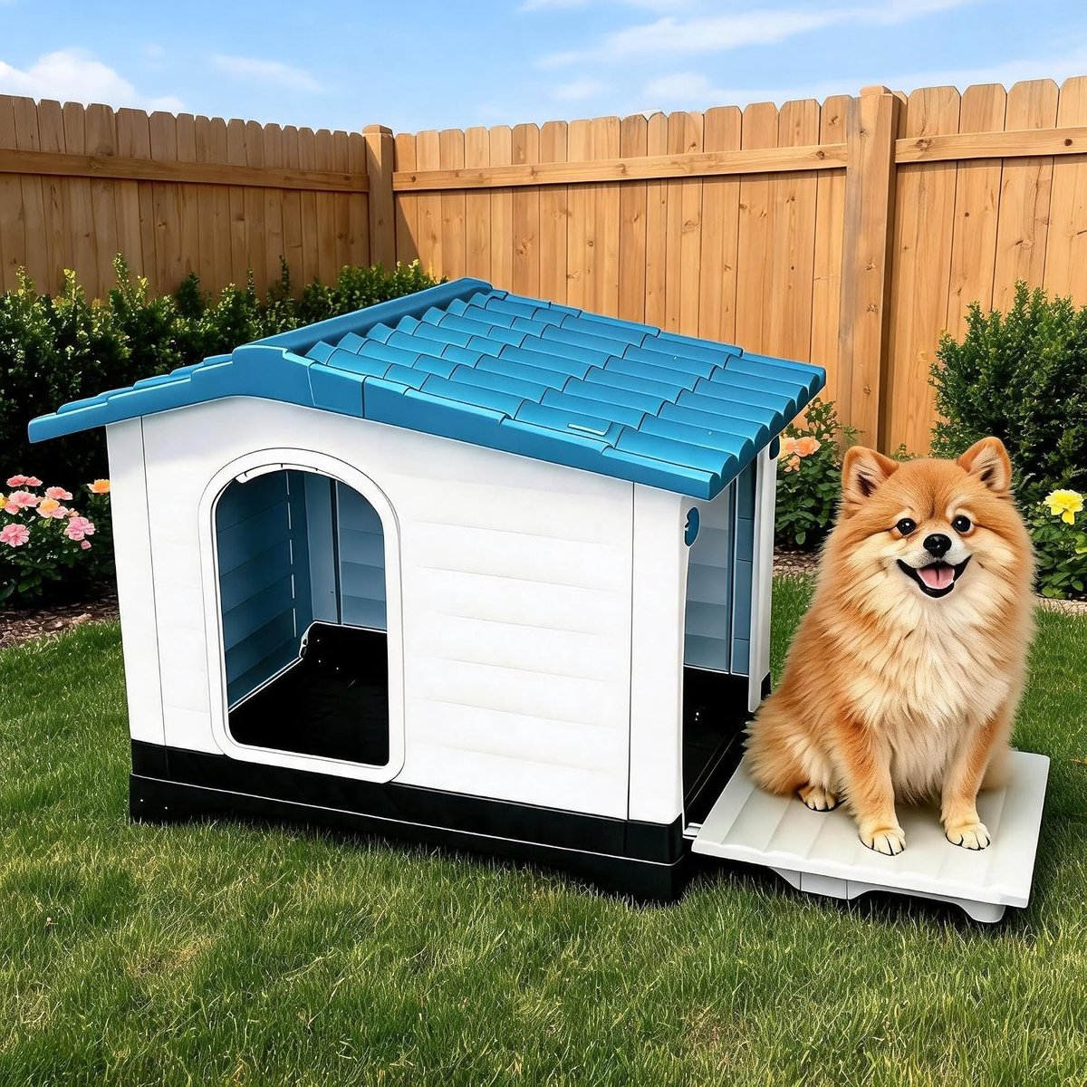 Kunststof Hondenhok voor Kleine tot Middelgrote Honden - Weerbestendig Hondenhuisje voor Buiten & Binnen - Met 2 Deuren, Verhoogde Vloer & Ventilatie - 80 x 56 x 66 cm - Blauw