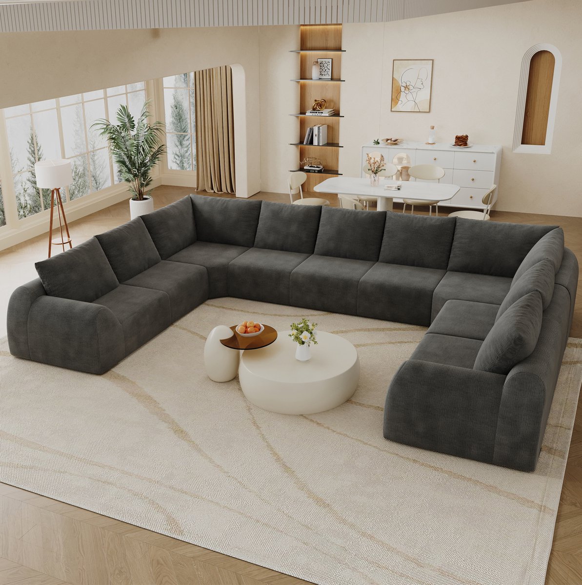 OKWISH U-bank - 9-zits Compressie Sofa van 411 cm - Zonder Montage - Voor Woonkamer en Appartement - Chenille Stof - Donkergrijs