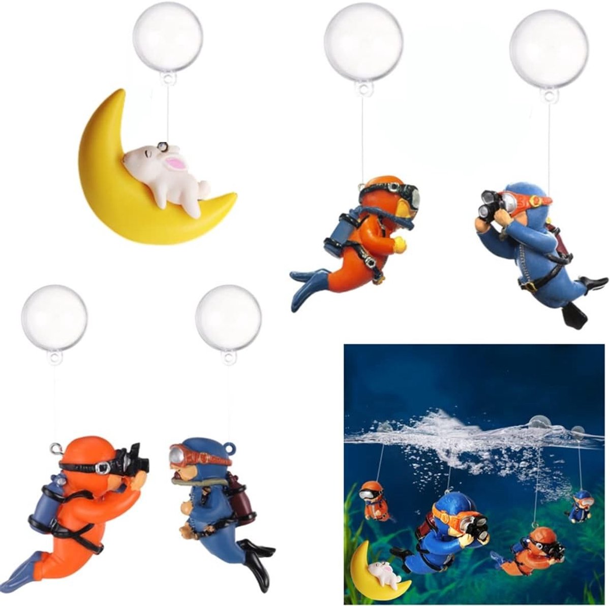 Aquariumdecoratie - Blauw - 5 x 3 x 2,5 cm - Duikers Ornamenten met Drijvende Ballen - Voor Vissen en Aquaria