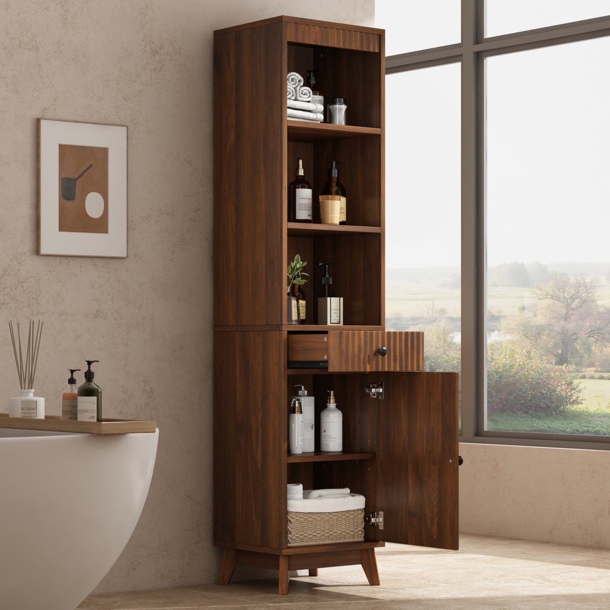 Hoge Badkamerkast Met Open Vakken En Lade Omkeerbare Deur Soft Close MDF Walnoot 40x36x172 Cm
