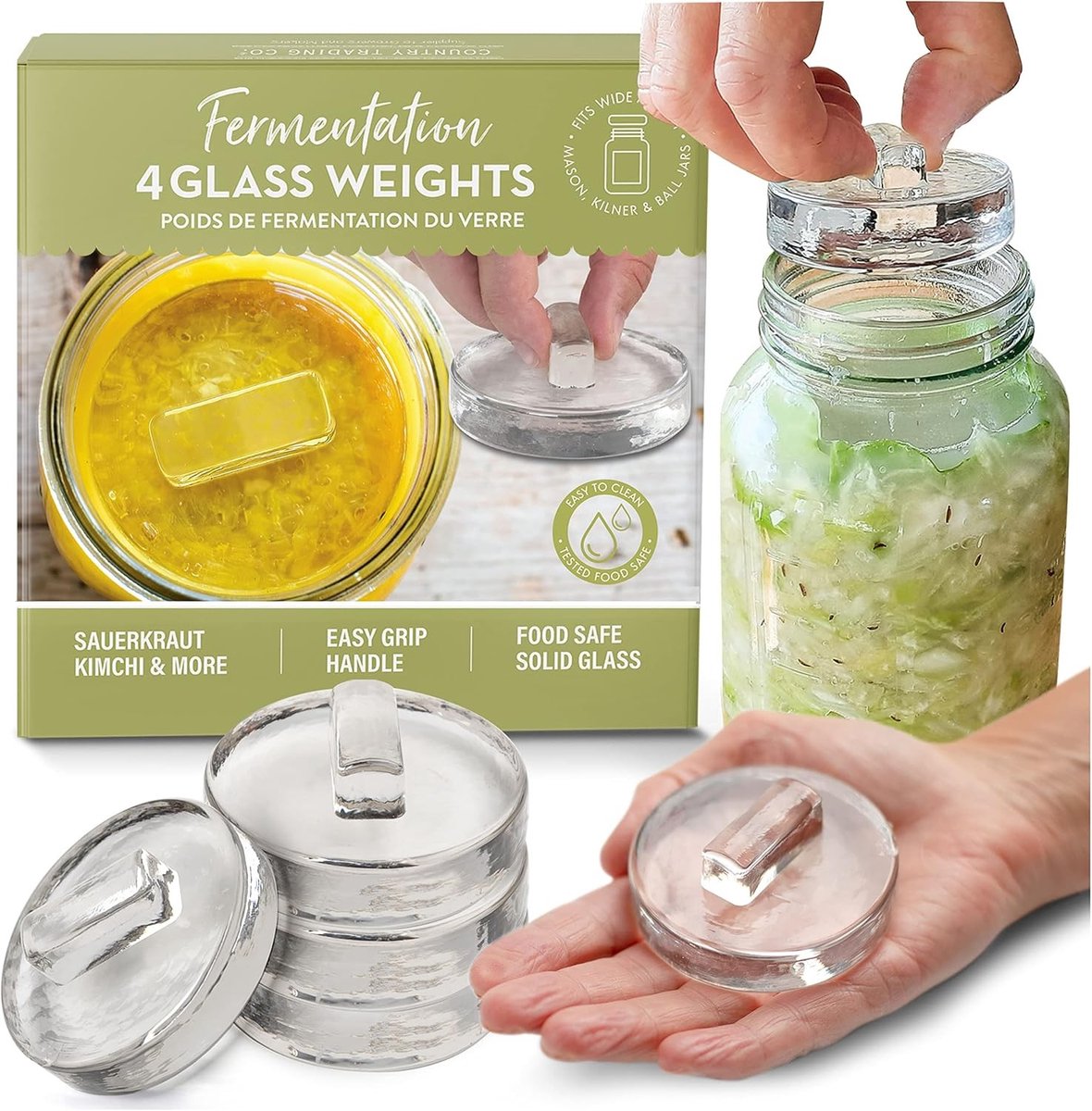 Fermentatiepot - Transparant - Set van 4 glazen fermentatiegewichten met handvat - Voor melkzuurfermentatie