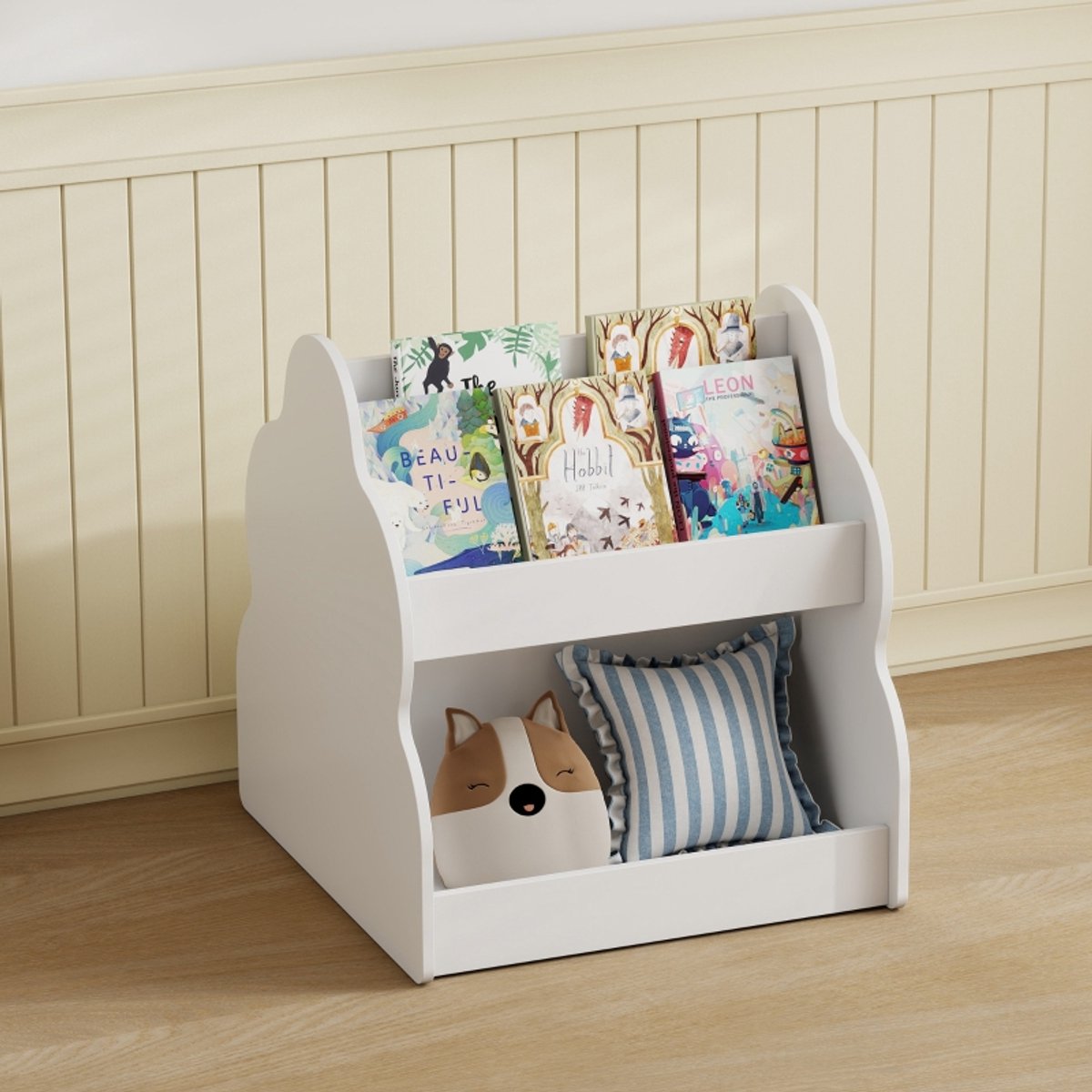 REDOM- Kinderboekenkast - Open opbergmeubel met 4 planken - Met wielen en afgeronde hoeken - Voor kinderkamer en speelkamer - Hout - Wit - 54 x 50 x 56 cm