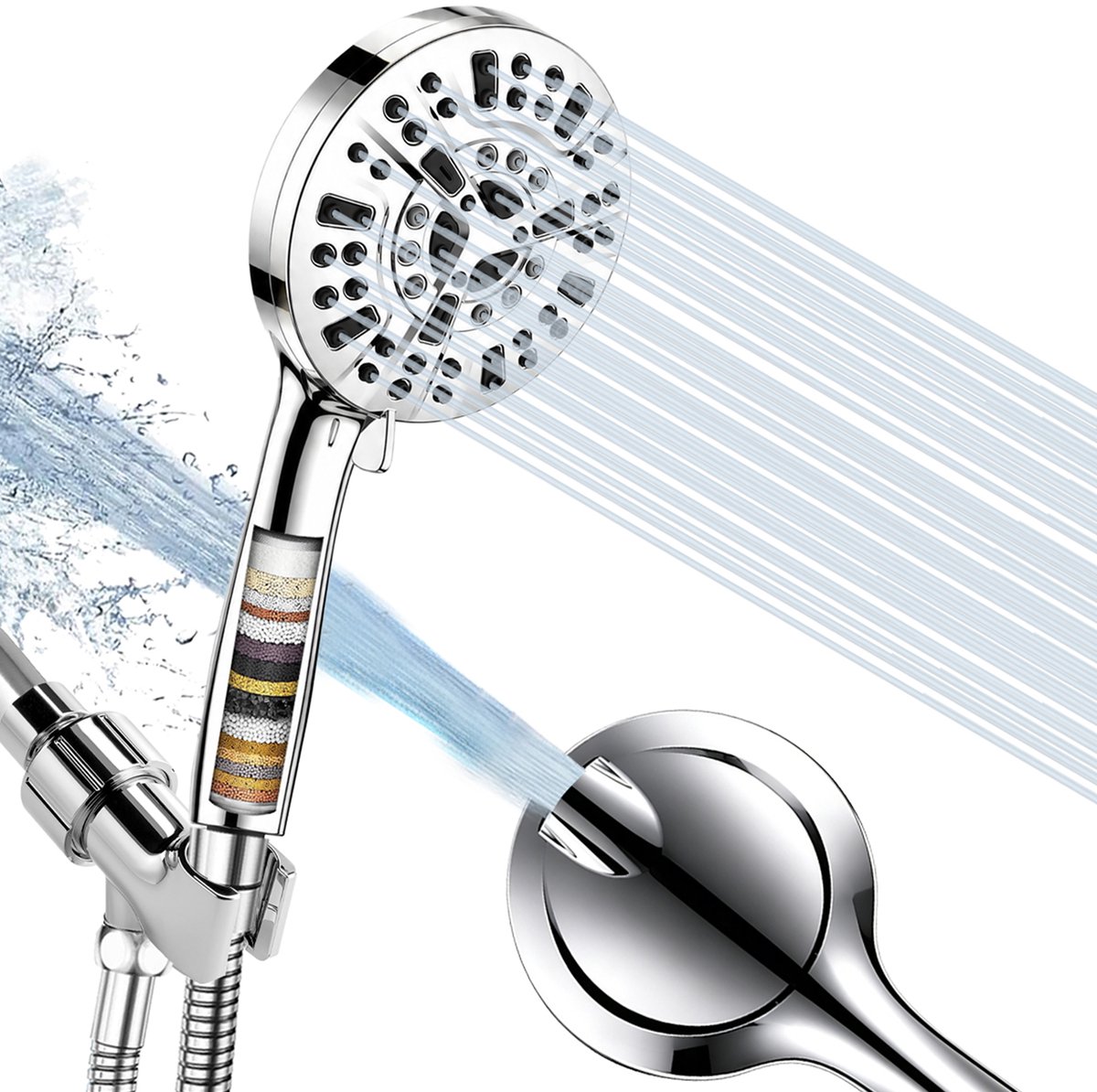 Douchekop - Hoge druk met filter - 9 sproeistanden - Handdouche - Waterbesparend - Regendouche - Zilver