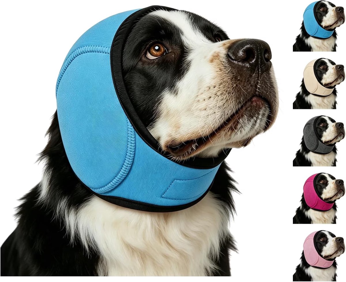 Geluiddempende oorkap - Honden anti-schud oorkappen - Geluidsbescherming tegen vuurwerk, onweer en stofzuiger - Comfortabele rustgevende capuchon voor honden - Verstelbaar (Blauw, L)