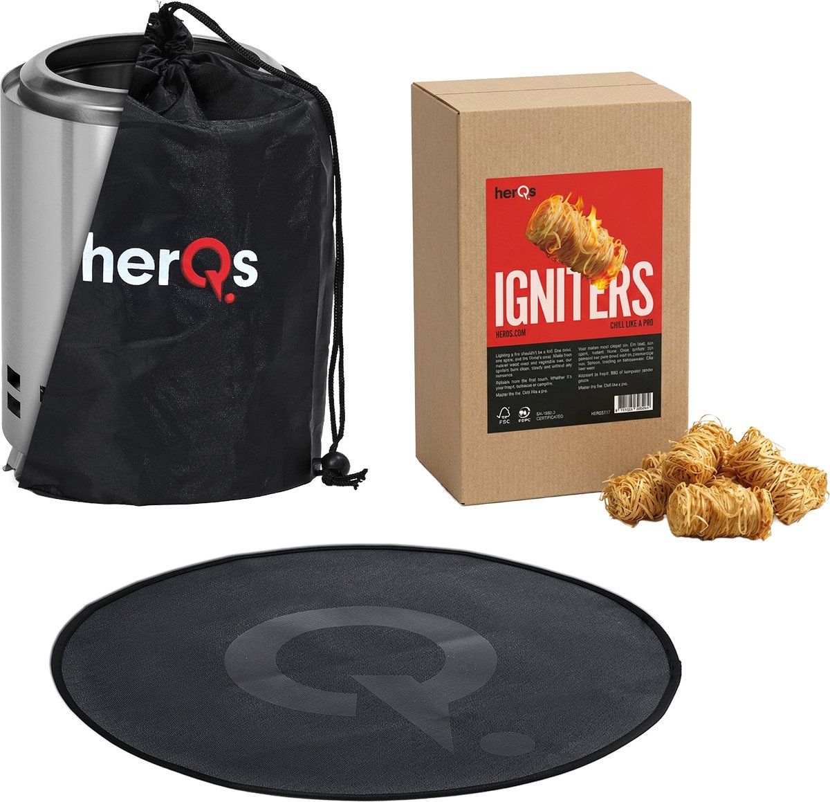 herQs Mighty Start Bundle - Mighty Firepit + Grounder + Igniters voordeelbundel - Rookloze Vuurkorf - ⌀ 18 cm