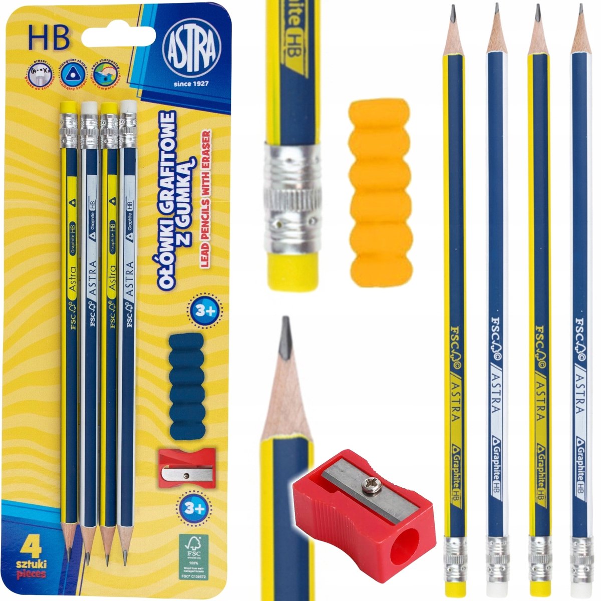 Astra HB Potlood Set met Gum, Puntenslijper en Grip - 4 Stuks