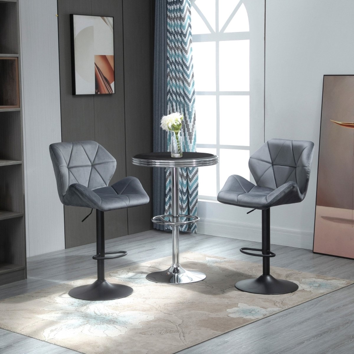REDOM - Barkruk - Met rugleuning en armleuningen - Hoogte instelbaar en 360° draaibaar - Gepoederd metaal - Voor bar en hoge eethoek - Polyester - Grijs - 57 x 58 x 97-117 cm