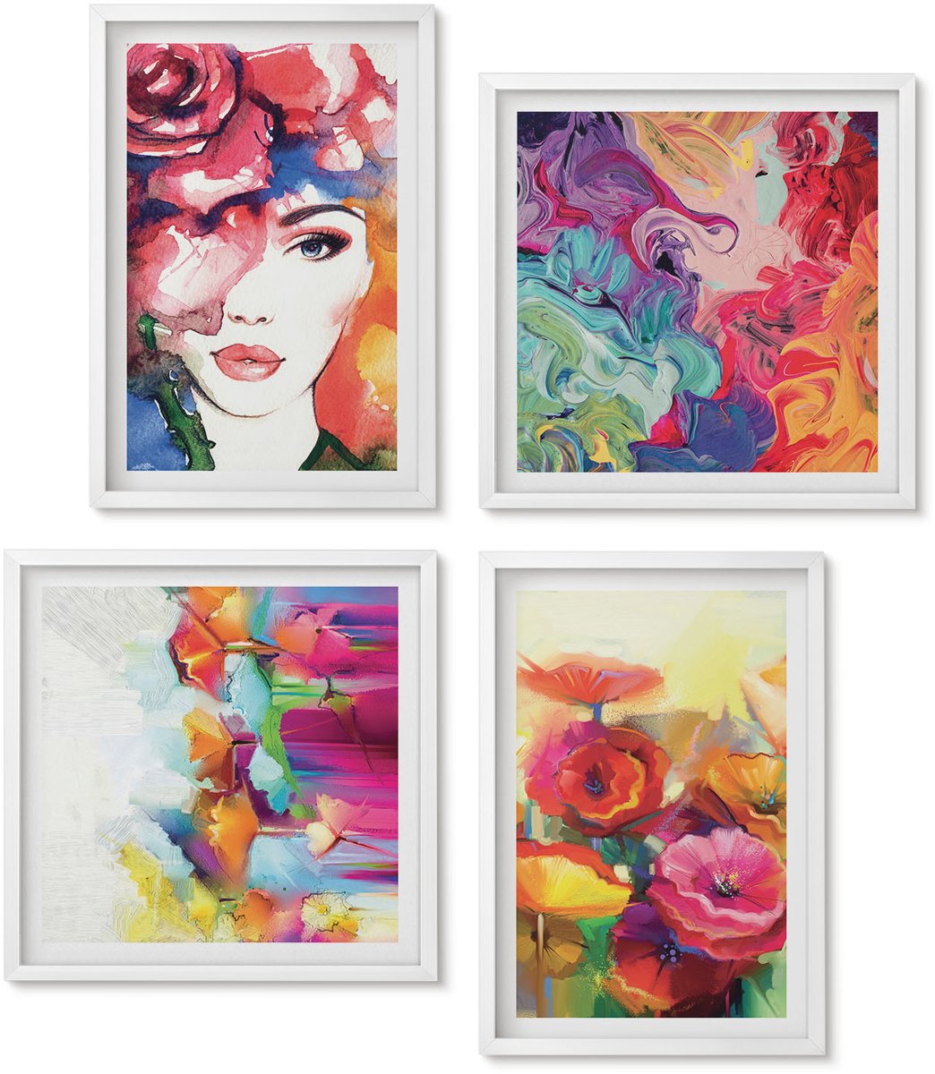 Wallfluent 4-Delige Schilderij Set - Bloemen In Intense Kleuren Portret Van Een Vrouw Abstract - 40 x 40 En 40 x 60 - Moderne Wanddecoratie - Slaapkamer