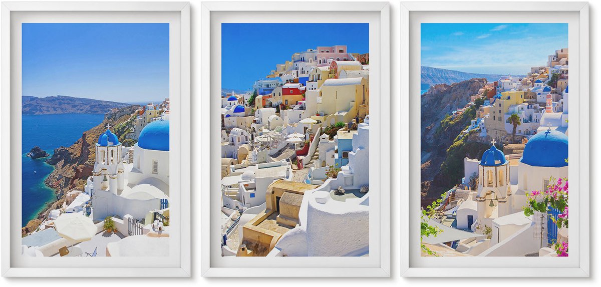 Wallfluent 3-Delige Schilderij Set - Landschapsarchitectuur En Uitzichten Op De Stad Oia Op Santorini, Griekenland - 40 x 60 - Wanddecoratie - Woonkamer Decoratie