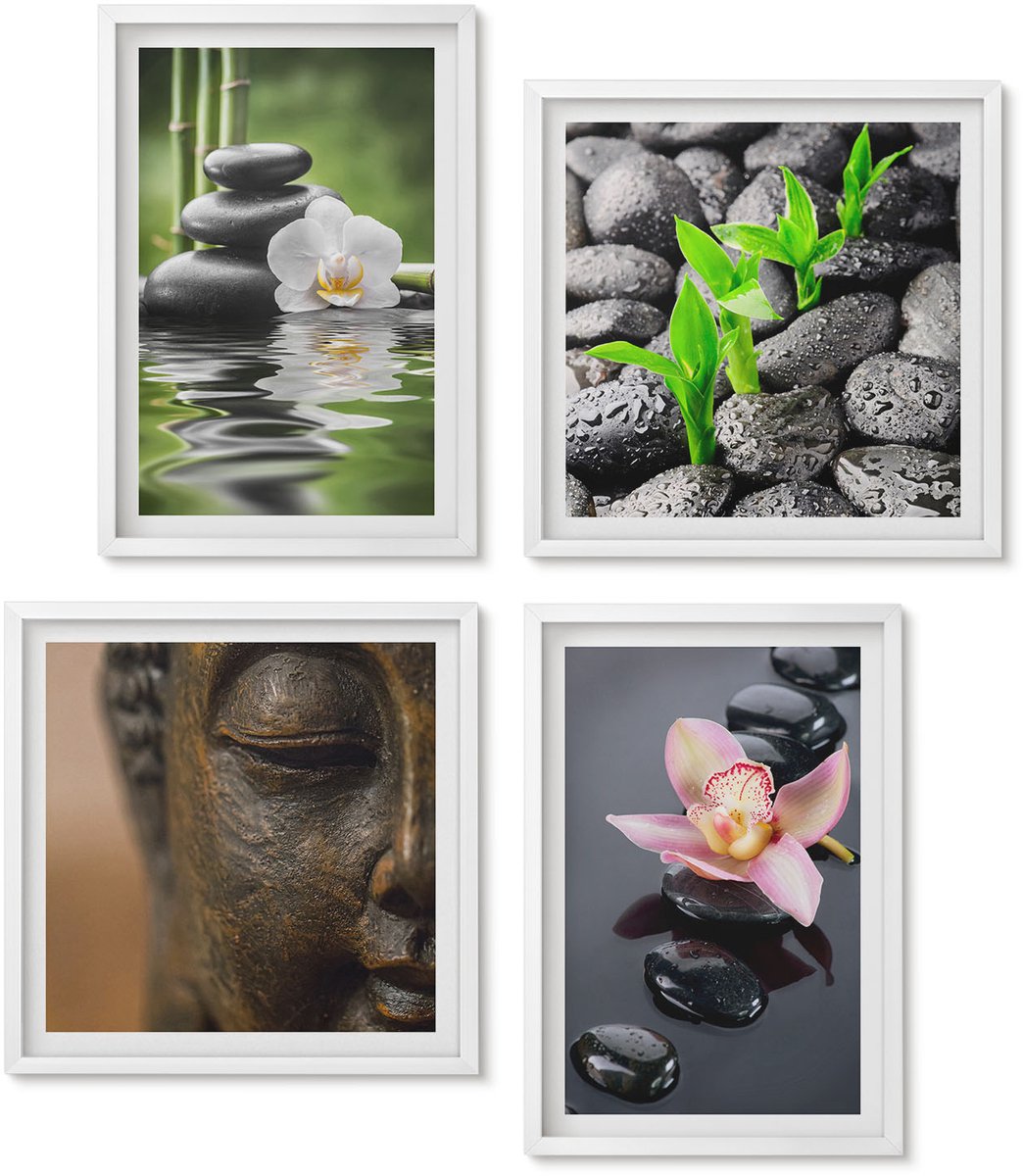 Wallfluent 4-Delige Schilderij Set - Vredige Zen-Compositie Van Stenen Met Bloemen En Boeddha - 40 x 40 En 40 x 60 - Stijlvolle Wanddecoratie - Interieur