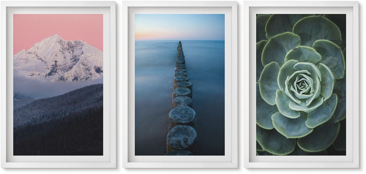 Wallfluent 3-Delige Schilderij Set - Bergen Met Roze Lucht, Water En Groene Vetplanten - 40 x 60 - Wanddecoratie - Muurdecoratie - Woonkamer - Decoratieve Schilderijen