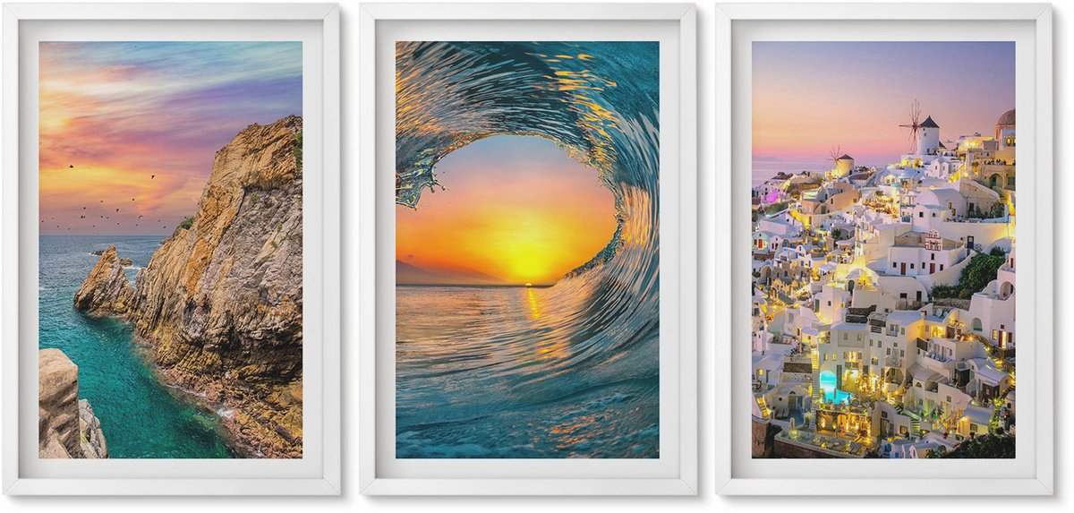 Wallfluent 3-Delige Schilderij Set - Uitzicht Op De Zee, De Golven En De Witte Huizen Op Santorini, Griekenland - 40 x 60 - Wanddecoratie - Moderne Interieurdecoratie - Interieur Decoratie