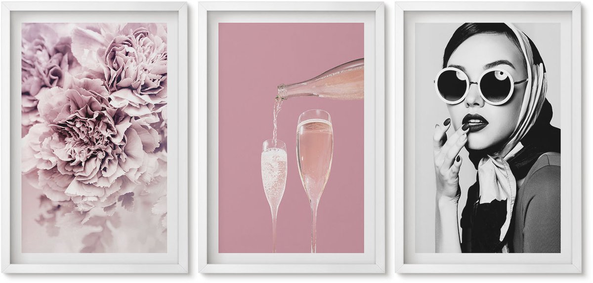 Wallfluent 3-Delige Schilderij Set - Bloemen In Verschillende Tinten Roze En Een Elegante Vrouw - 40 x 60 - Moderne Wanddecoratie - Woonkamer - Woonkamer Decoratie