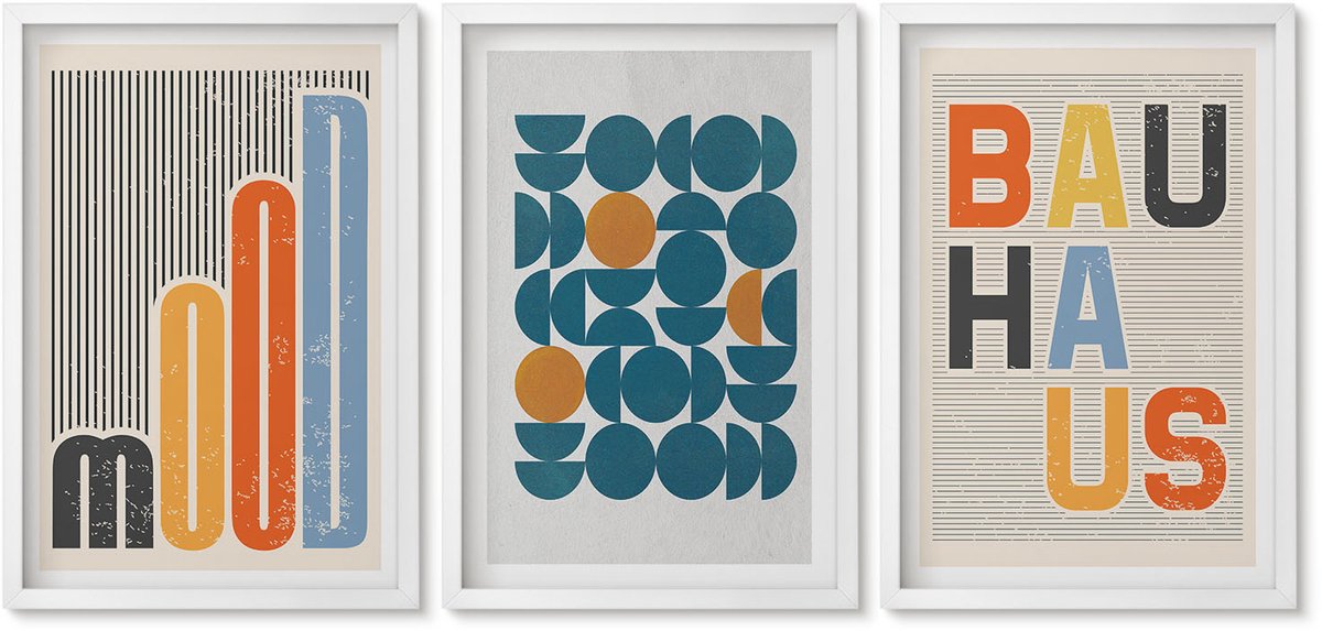 Wallfluent 3-Delige Schilderij Set - Posters Met Geometrische Patronen In Bauhaus-Stijl - 40 x 60 - Moderne Wanddecoratie - Woonkamer