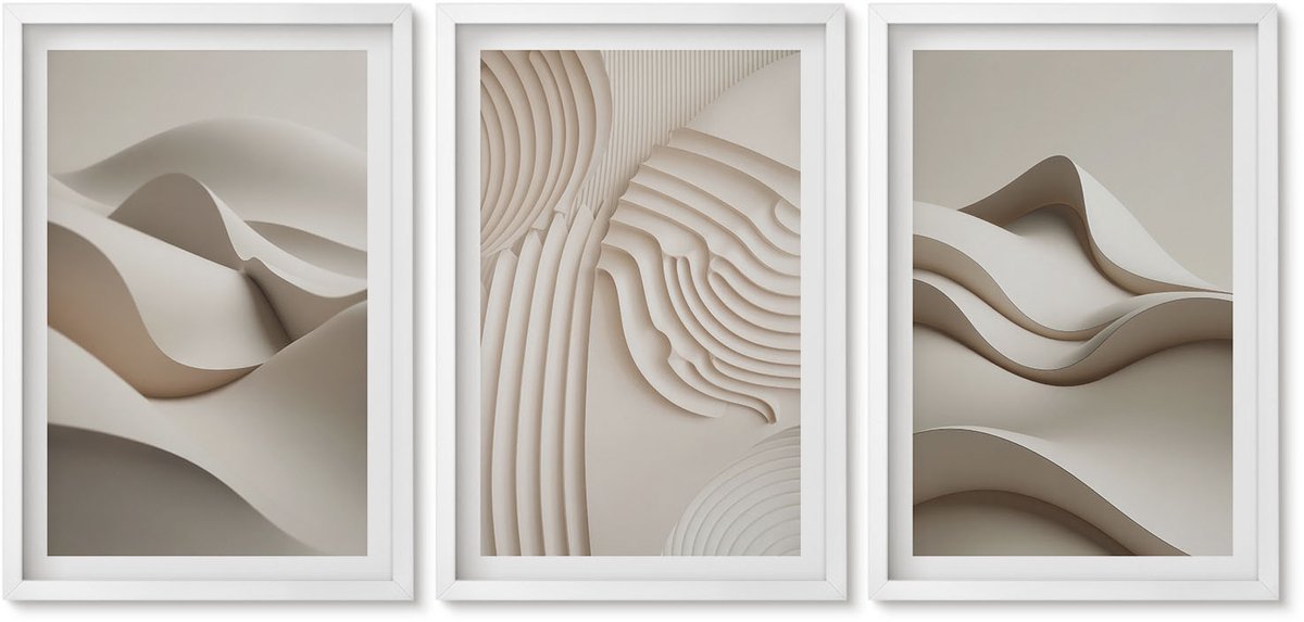 Wallfluent 3-Delige Schilderij Set - Abstracte Golven En Structuren In Beigetinten - 40 x 60 - Muurdecoratie - Wanddecoratie - Slaapkamer - Stijlvolle Muurdecoratie