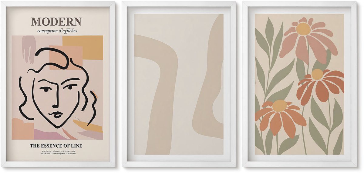 Wallfluent 3-Delige Schilderij Set - Vrouw In Moderne Stijl Met Abstracte Patronen - 40 x 60 - Moderne Wanddecoratie - Slaapkamer - Interieur Decoratie