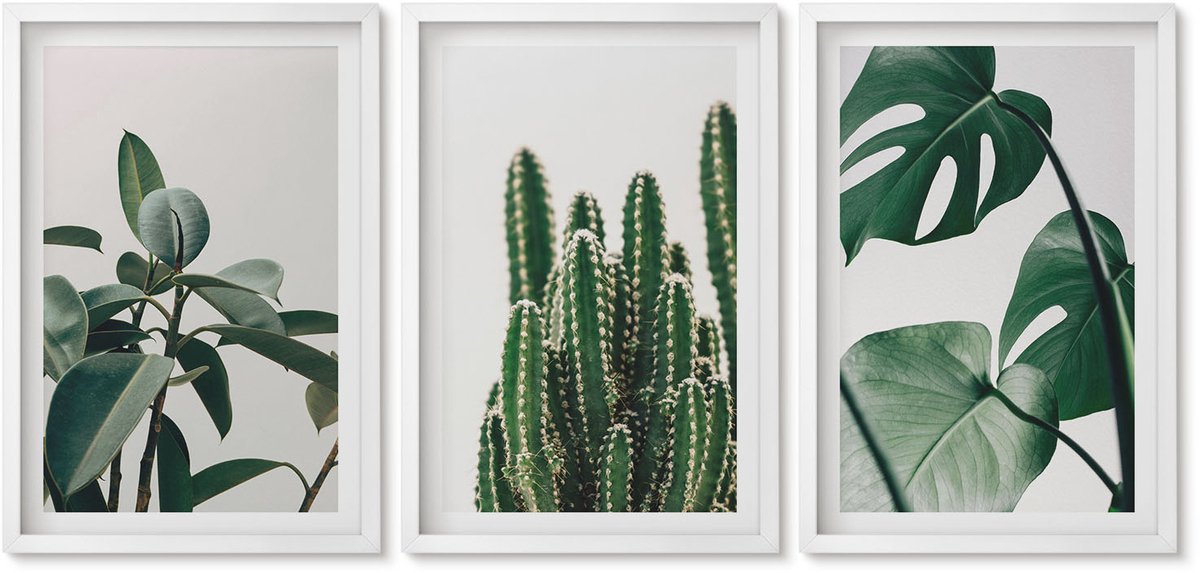 Wallfluent 3-Delige Schilderij Set - Tropische Kamerplanten Met Esthetische Bladeren - 40 x 60 - Muurdecoratie - Decoratieve Schilderijen - Wohnzimmer - Moderne Wanddecoratie