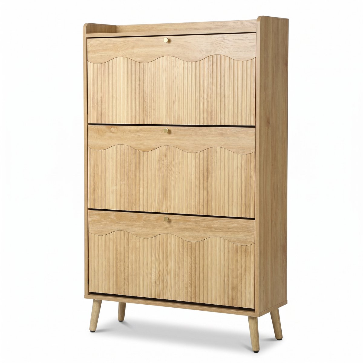 SensaHome Japandi Schoenenkast – 3 Klepdeuren met Open Legplank – Hal Opbergkast – 80x24x130 cm – Eiken