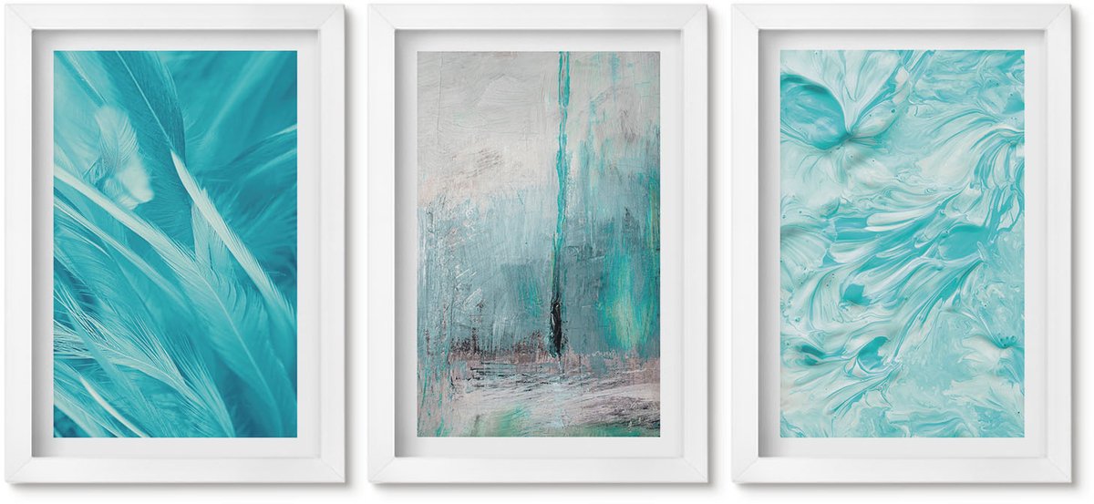 Wallfluent 3-Delige Schilderij Set - Verschillende Blauwtinten In Delicate Abstracte Patronen - 20 x 30 - Muurdecoratie - Interieur Decoratie