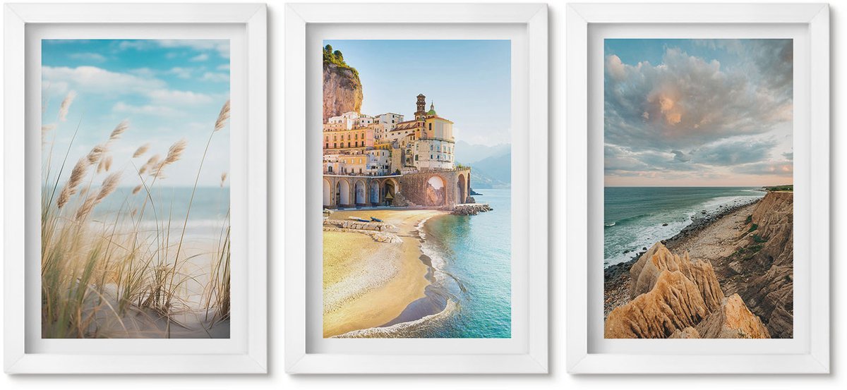 Wallfluent 3-Delige Schilderij Set - Kustlandschappen Met Strand, Stad En Kliffen - 20 x 30 - Schilderijen Set - Wanddecoratie - Woonkamer - Woonkamer Decoratie