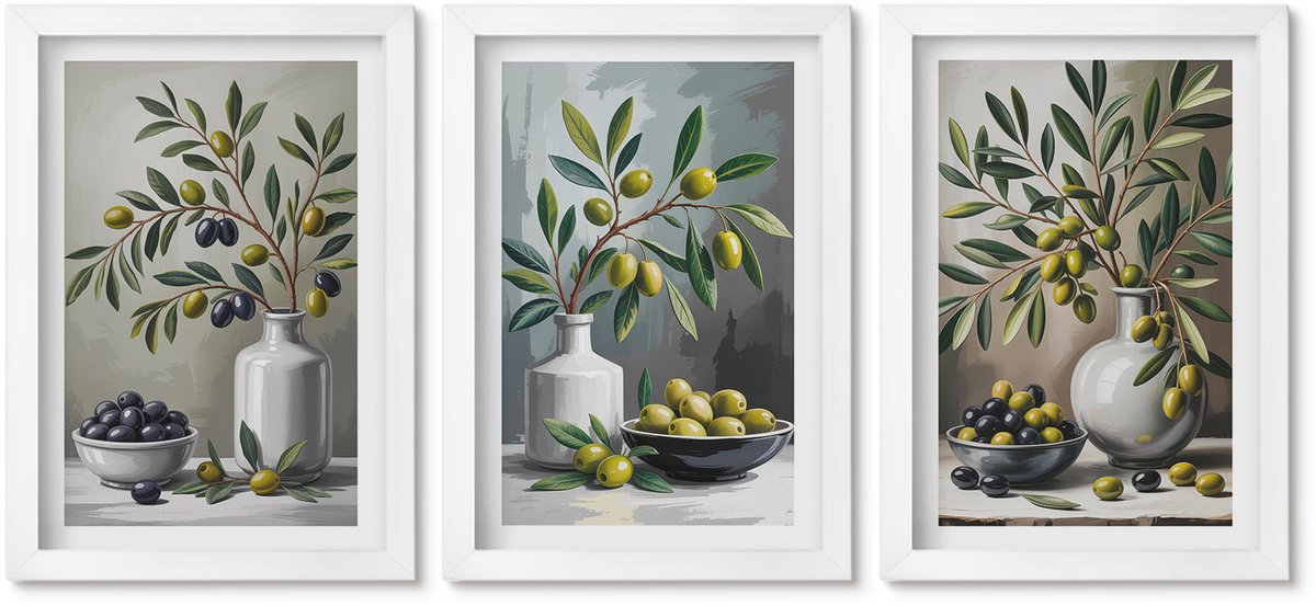 Wallfluent 3-Delige Schilderij Set - Olijven In Keramische Schalen Op Een Grijze Achtergrond - 20 x 30 - Wanddecoratie - Muurdecoratie - Moderne Interieurdecoratie - Stijlvolle Muurdecoratie