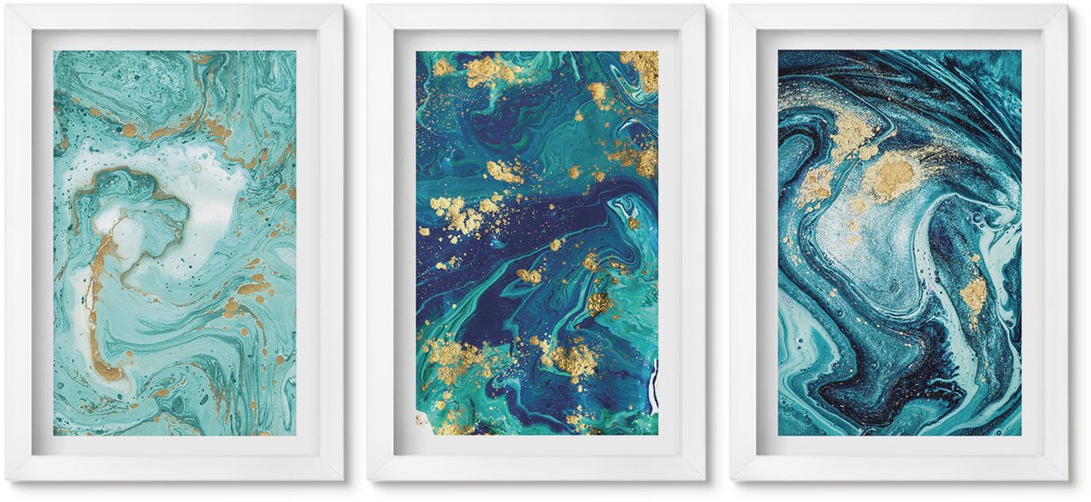 Wallfluent 3-Delige Schilderij Set - Turquoise Abstractie Van Gemorste Verf - 20 x 30 - Stijlvolle Wanddecoratie - Interieur - Woonkamer Decoratie