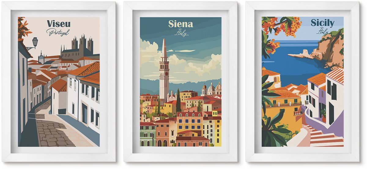 Wallfluent 3-Delige Schilderij Set - Retro-Illustraties Van Beroemde Steden Over De Hele Wereld - 20 x 30 - Muurdecoratie - Wanddecoratie - Hal - Decoratieve Schilderijen