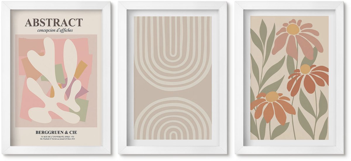Wallfluent 3-Delige Schilderij Set - Abstracte Vormen Met Plantmotieven In Pastelkleuren. - 20 x 30 - Decoratieve Schilderijen - Woonkamer - Interieur - Woonkamer Decoratie