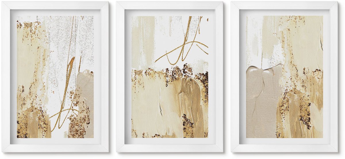 Wallfluent 3-Delige Schilderij Set - Abstracte Patronen In Beige En Witte Tinten. - 20 x 30 - Muurdecoratie - Decoratieve Schilderijen - Wohnzimmer