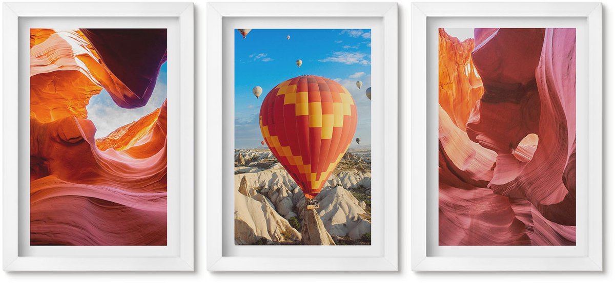 Wallfluent 3-Delige Schilderij Set - Woestijnklooflandschappen En Ballonvaart - 20 x 30 - Wanddecoratie - Moderne Interieurdecoratie - Muurdecoratie