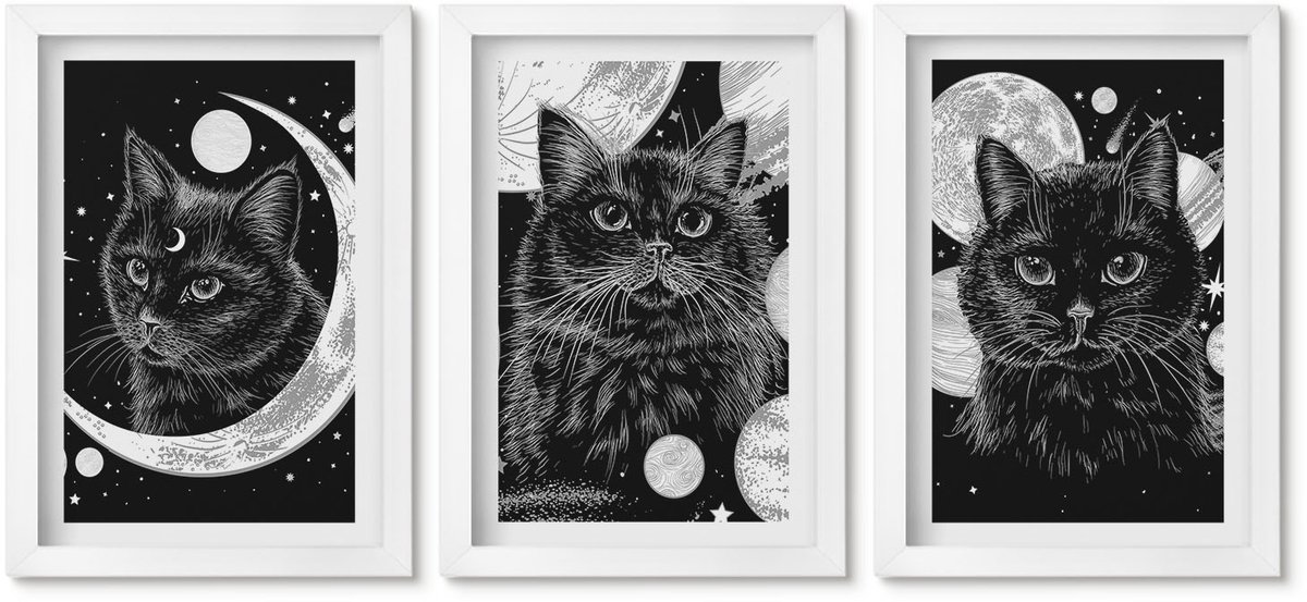 Wallfluent 3-Delige Schilderij Set - Zwarte Katten Tegen De Achtergrond Van De Maan En Planeten In De Ruimte. - 20 x 30 - Wanddecoratie - Schilderijen Set - Kantoor - Woonkamer Decoratie
