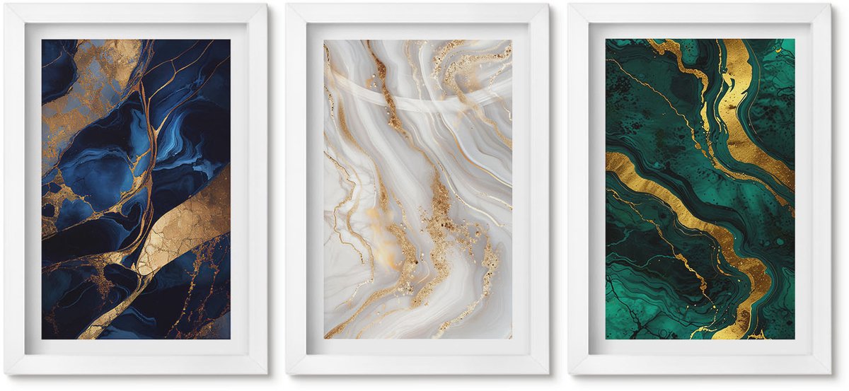 Wallfluent 3-Delige Schilderij Set - Abstracte Patronen In Blauw- En Groentinten. - 20 x 30 - Schilderijen Set - Wanddecoratie - Woonkamer - Stijlvolle Muurdecoratie