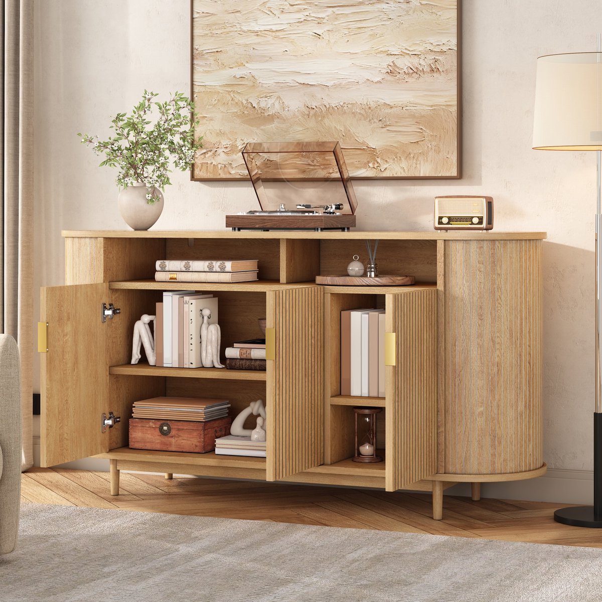 Dressoir Met 3 Deuren En Verticale Lijnen - Modern Opbergmeubel Voor Woonkamer En Eetkamer - MDF, Spaanplaat En Dennenhout - Naturel - 140x40x78 Cm