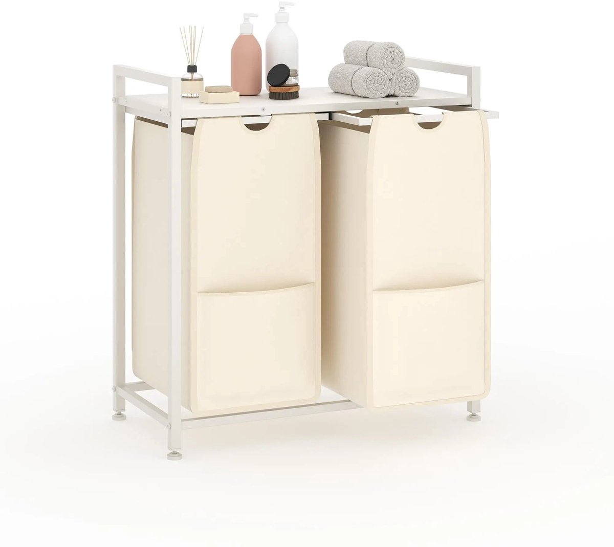 Emvae Wasmand met 2 Vakken - Wasbox met Plank - Uittrekbare Waszakken - Stalen Frame - Oxfordstof - Wasruimte en Slaapkamer - 96L - 96 Liter