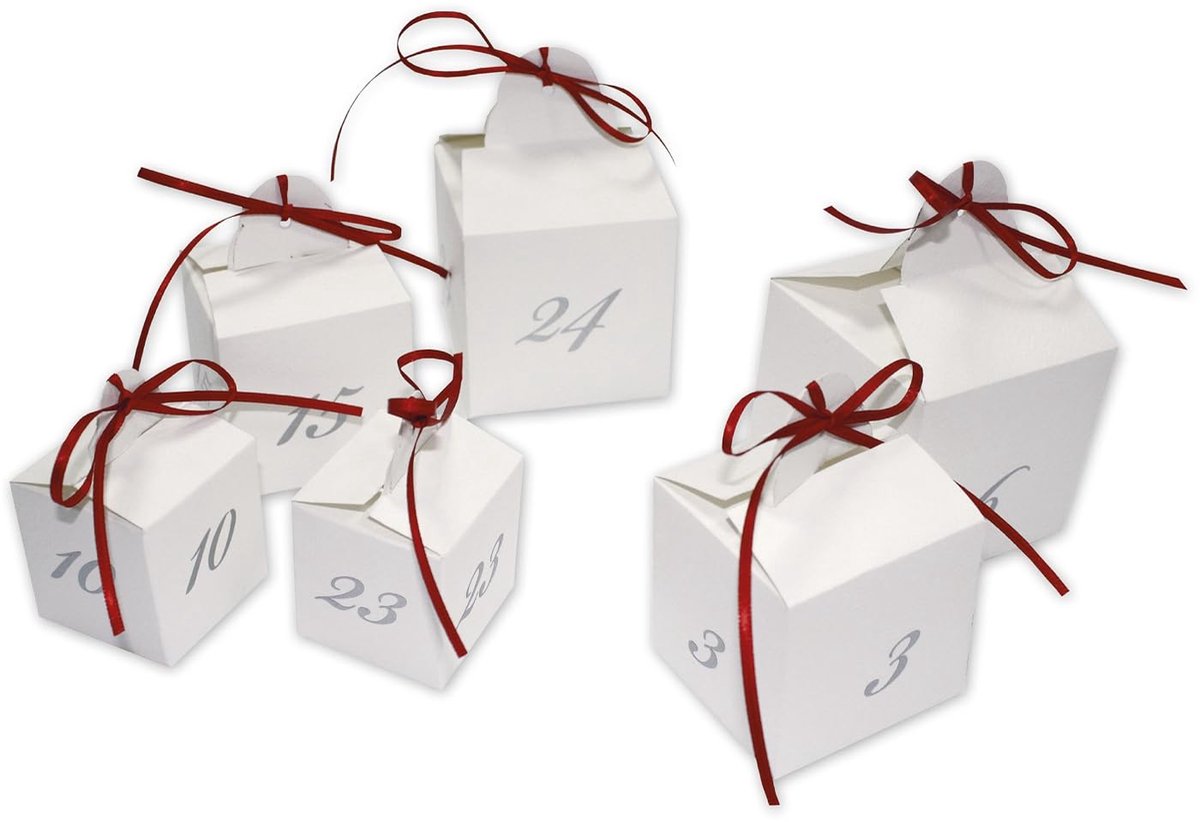 24 Adventswürfel zum Befüllen, 24 bedruckte Boxen aus hochwertigem Strukturkarton mit Satinschleifen, zum Befüllen - ShopVlot