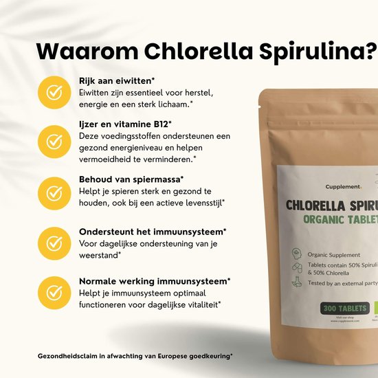 Bruine papieren zak met 'Cupplement Chlorella Spirulina Organic Tablets' label. Tussen groene iconen en Nederlandse tekst.