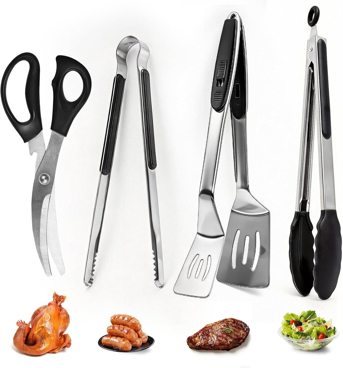 BBQ-gereedschapset - Zwart - 4-delige set met Grillklem, Vleestang, Siliconen Tang en Vleesschaar - Voor de Perfecte Barbecue