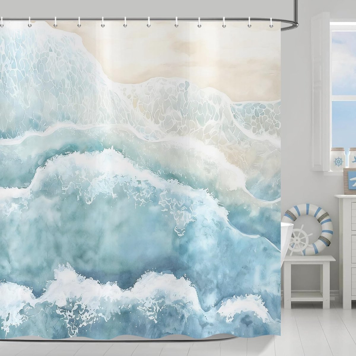 Ocean Shower Curtain 180x200cm Watercolour Blue Ocean Summer Coast Beach Nautical Art Aesthetic Waterproof Bath - ShopVlot