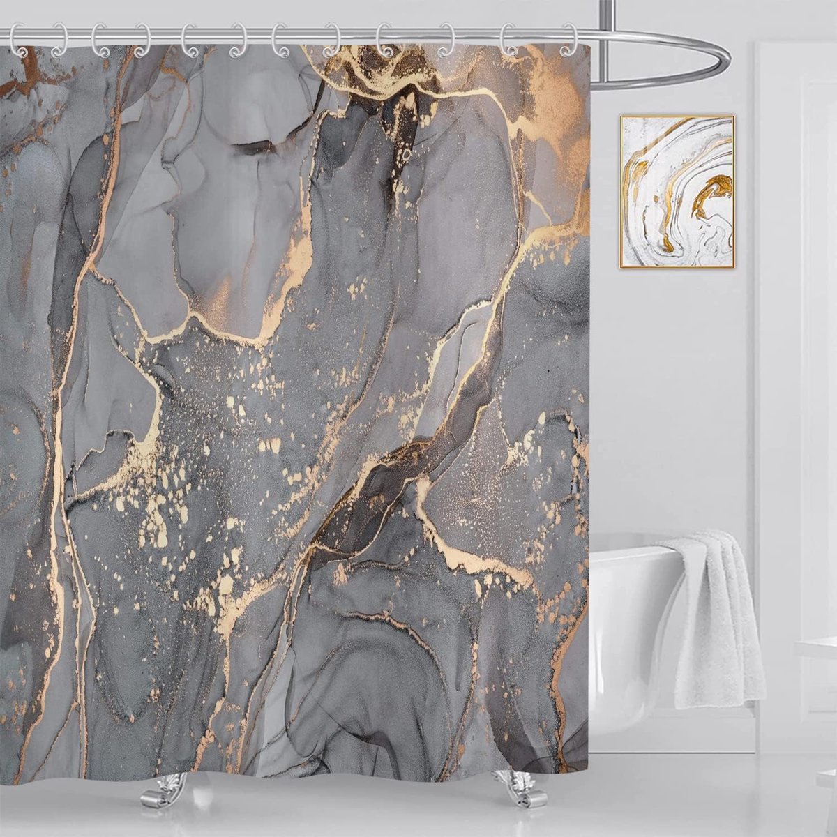 Marble Shower Curtain 240x180cm(WxL), Modern Abstract Grey Gold Black Marble Look Texture Washable Shower Curtain - ShopVlot